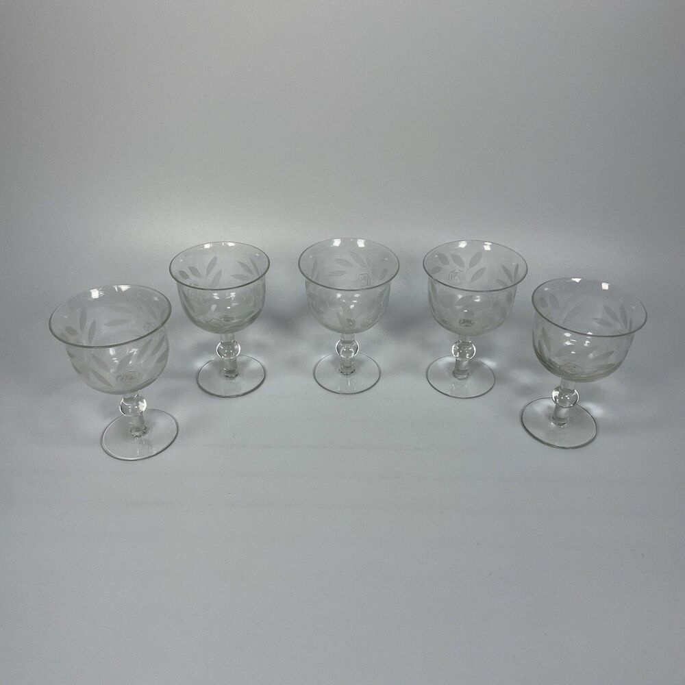 Vintage Crystal Etched Rose Flower Dessert Sherbet Cups Glasses Set of 5 1940’s